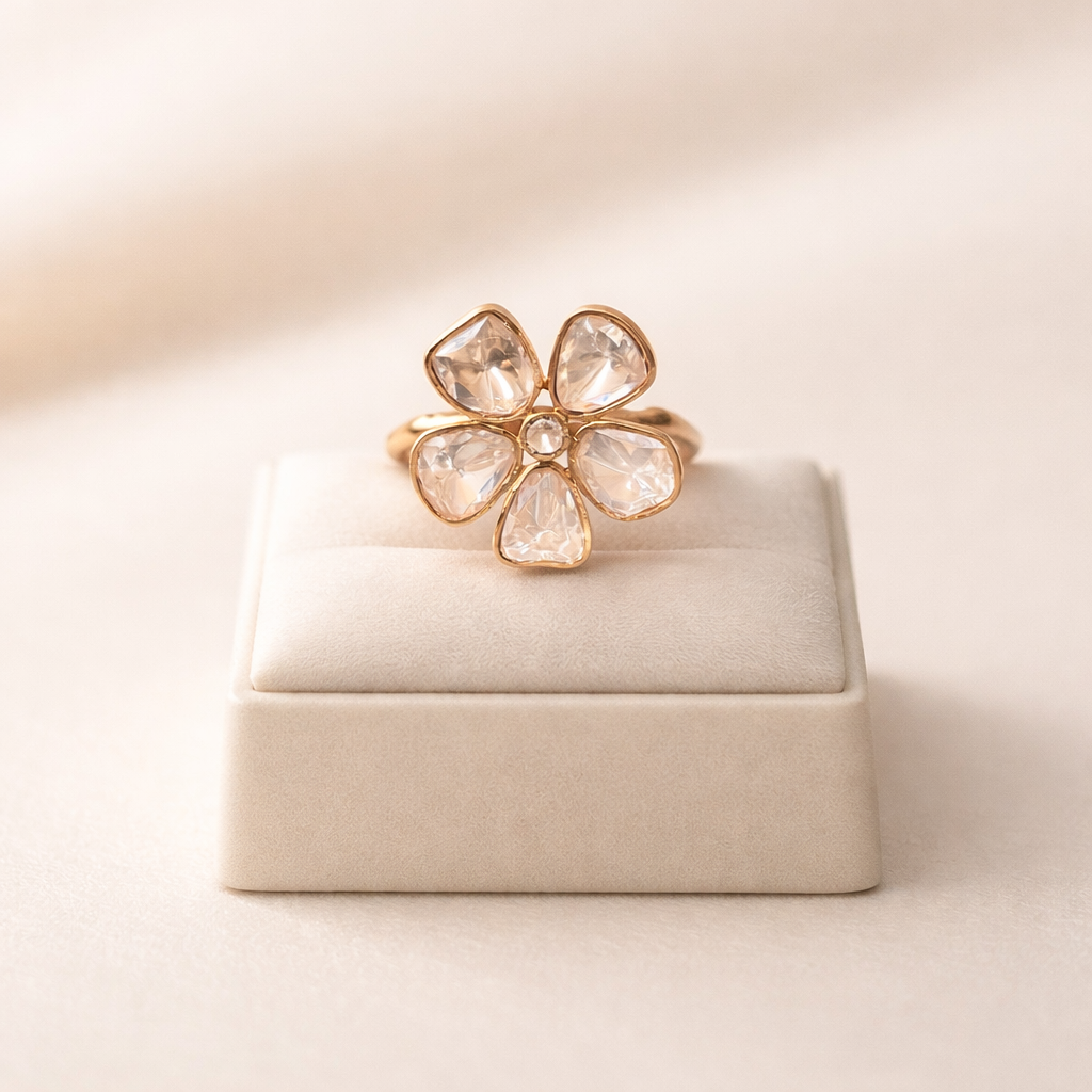Pushpika Polki Floral Ring | Elegant Gold Floral Polki Statement Ring