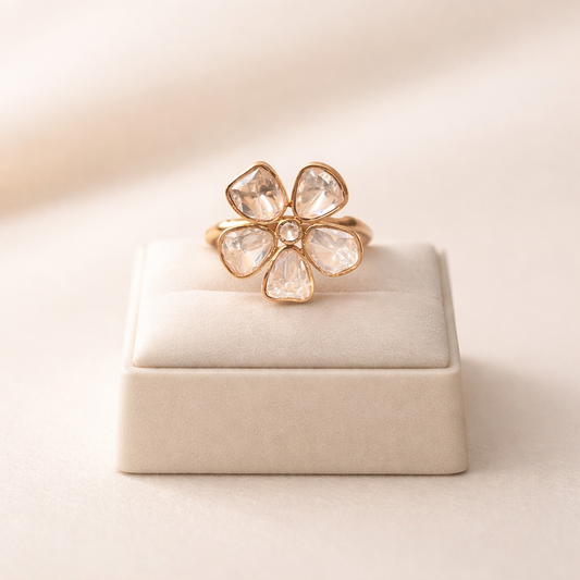 Pushpika Polki Floral Ring | Elegant Gold Floral Polki Statement Ring