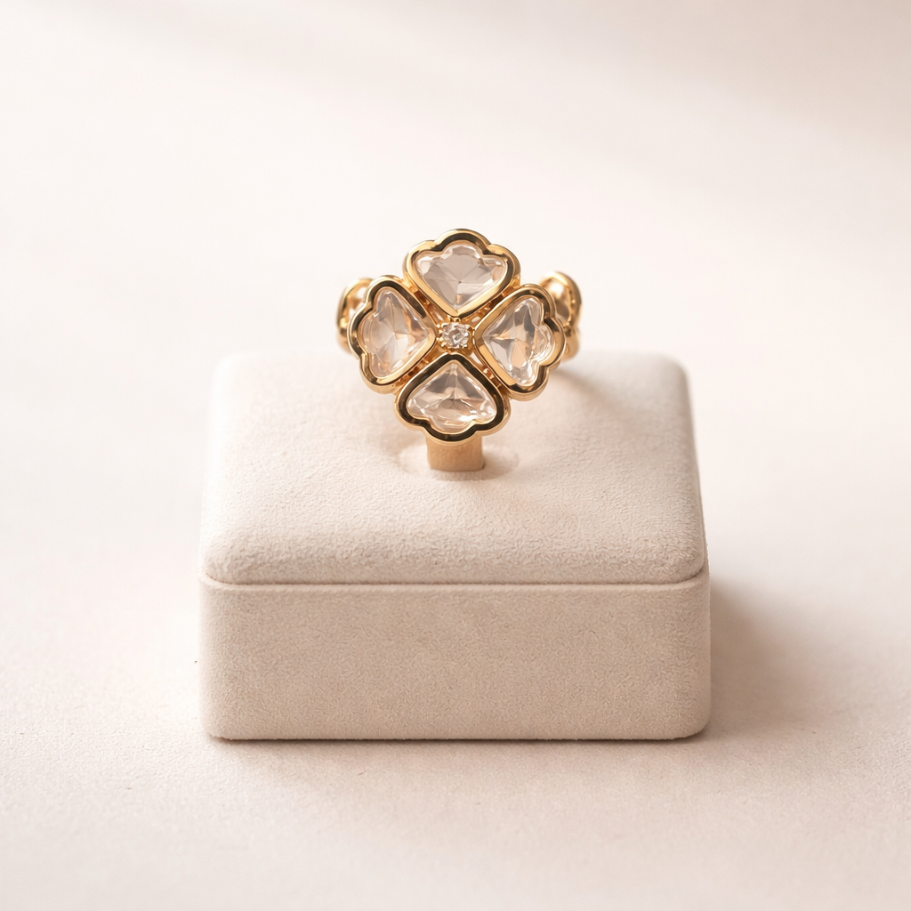 Noorika Heart Floral Polki Ring | Clover Heart Polki Statement Ring
