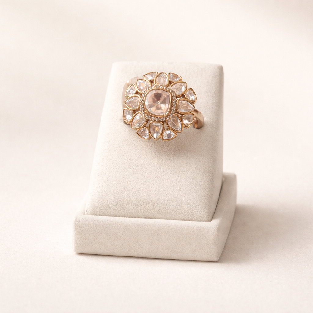 Suryaara Halo Polki Ring | Sunburst Floral Polki Statement Ring