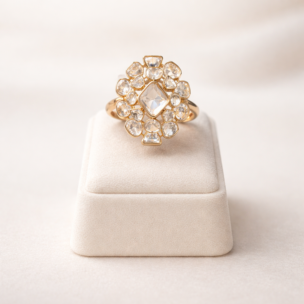 Zareen Oval Halo Polki Ring | Cluster Floral Polki Statement Ring