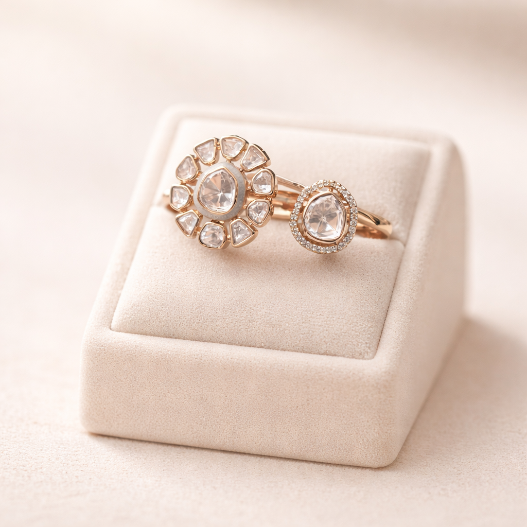 Noorvya Dual Polki Open Ring | Adjustable Double Motif Polki Ring