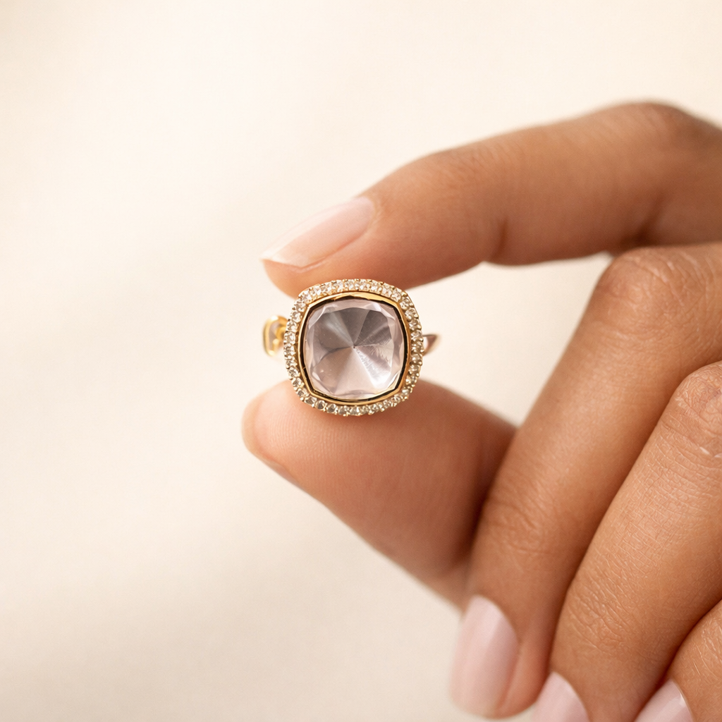 Arezza Polki Halo Ring | Cushion Cut Polki Statement Ring