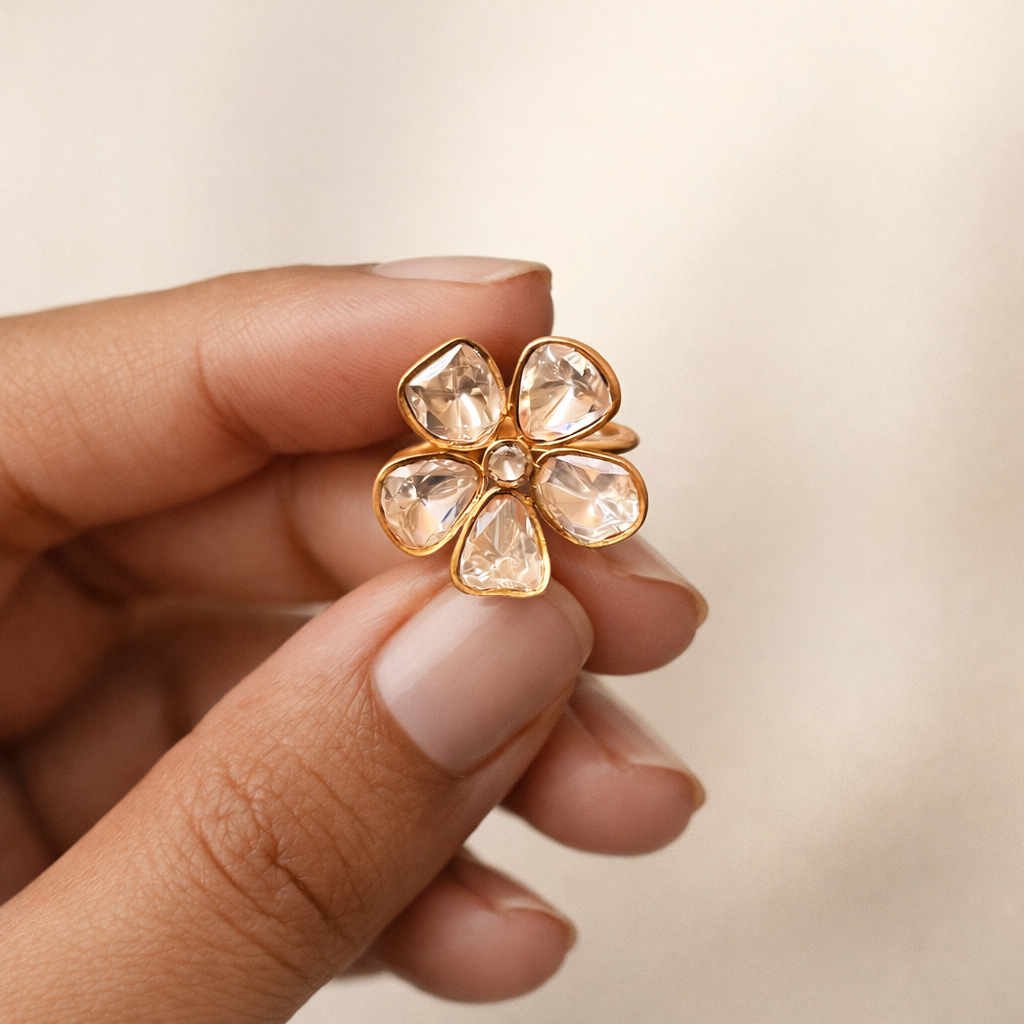 Pushpika Polki Floral Ring | Elegant Gold Floral Polki Statement Ring