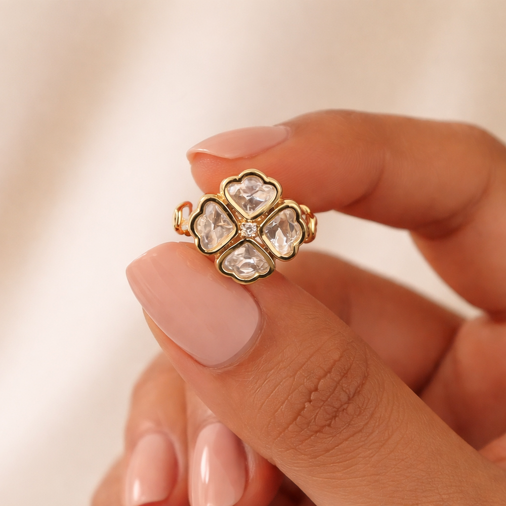 Noorika Heart Floral Polki Ring | Clover Heart Polki Statement Ring