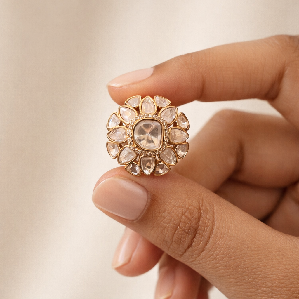 Suryaara Halo Polki Ring | Sunburst Floral Polki Statement Ring