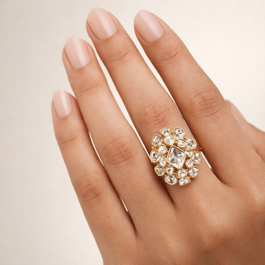 Zareen Oval Halo Polki Ring | Cluster Floral Polki Statement Ring