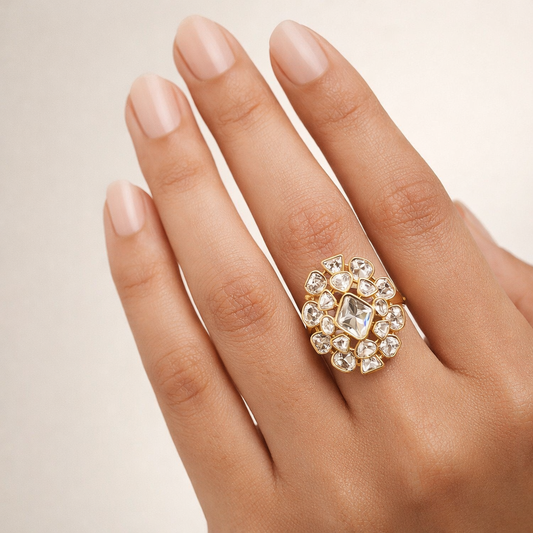 Zareen Oval Halo Polki Ring | Cluster Floral Polki Statement Ring