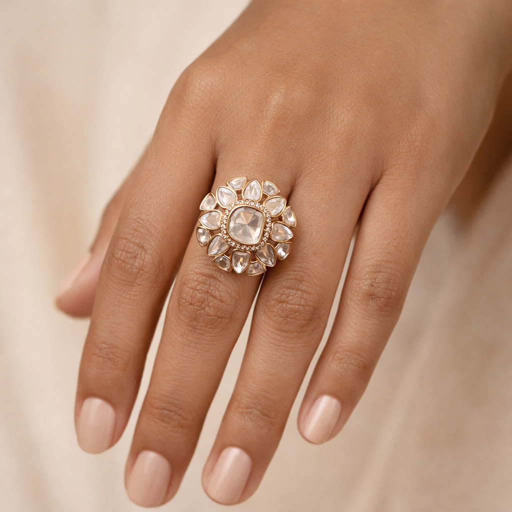 Suryaara Halo Polki Ring | Sunburst Floral Polki Statement Ring