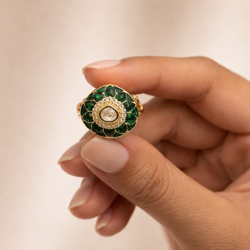 Zarmina Polki Statement Ring | Floral Green & Red Polki Gold Ring