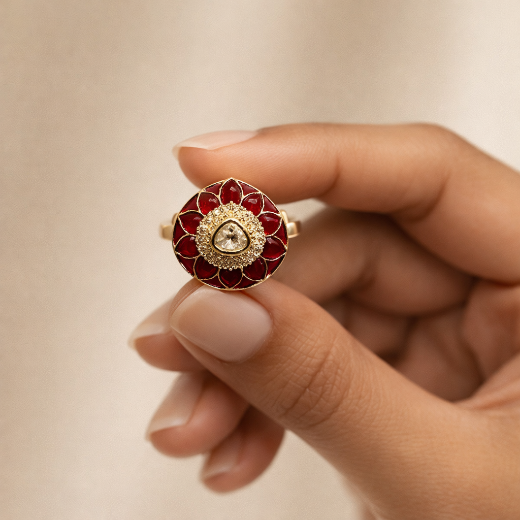 Zarmina Polki Statement Ring | Floral Green & Red Polki Gold Ring