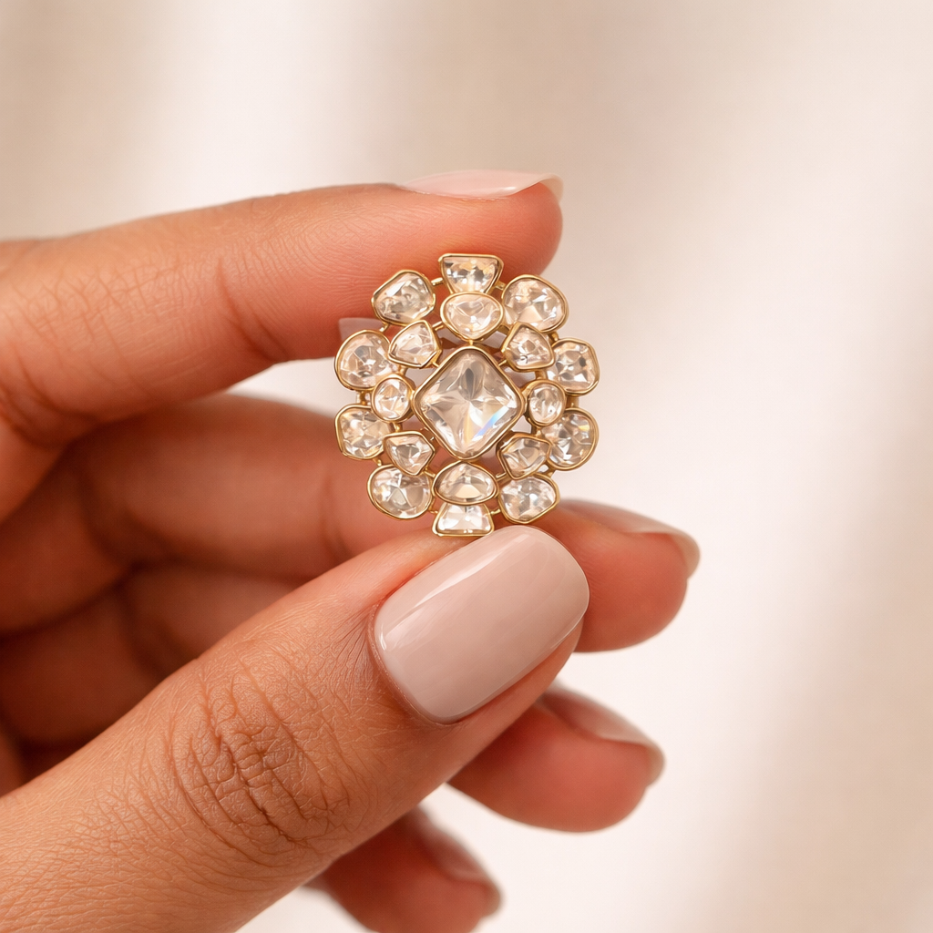 Zareen Oval Halo Polki Ring | Cluster Floral Polki Statement Ring