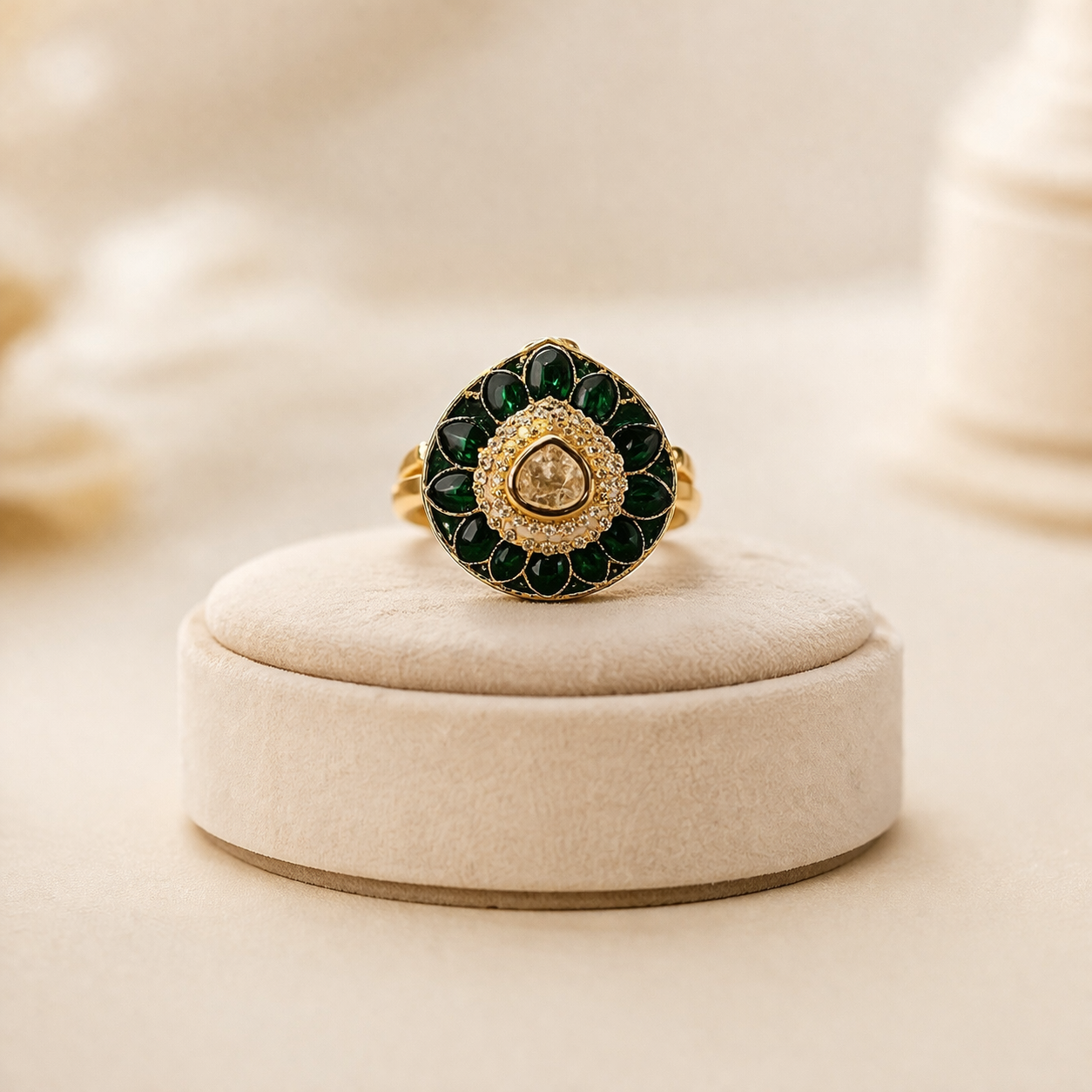 Zarmina Polki Statement Ring | Floral Green & Red Polki Gold Ring