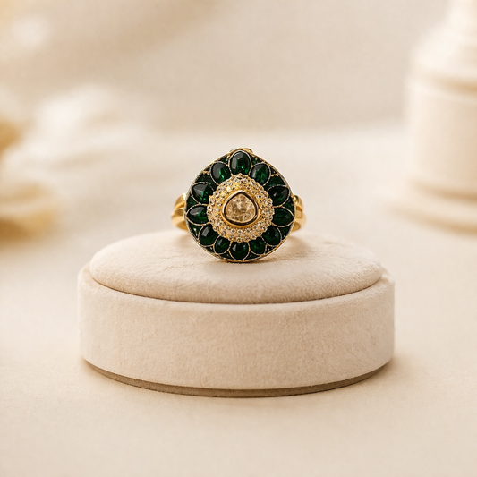 Zarmina Polki Statement Ring | Floral Green & Red Polki Gold Ring