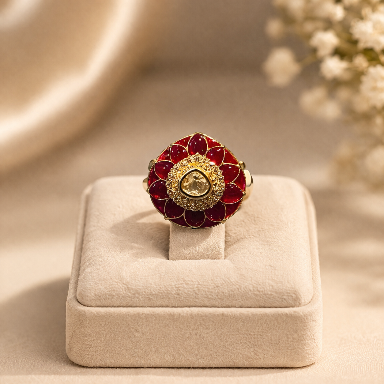 Zarmina Polki Statement Ring | Floral Green & Red Polki Gold Ring