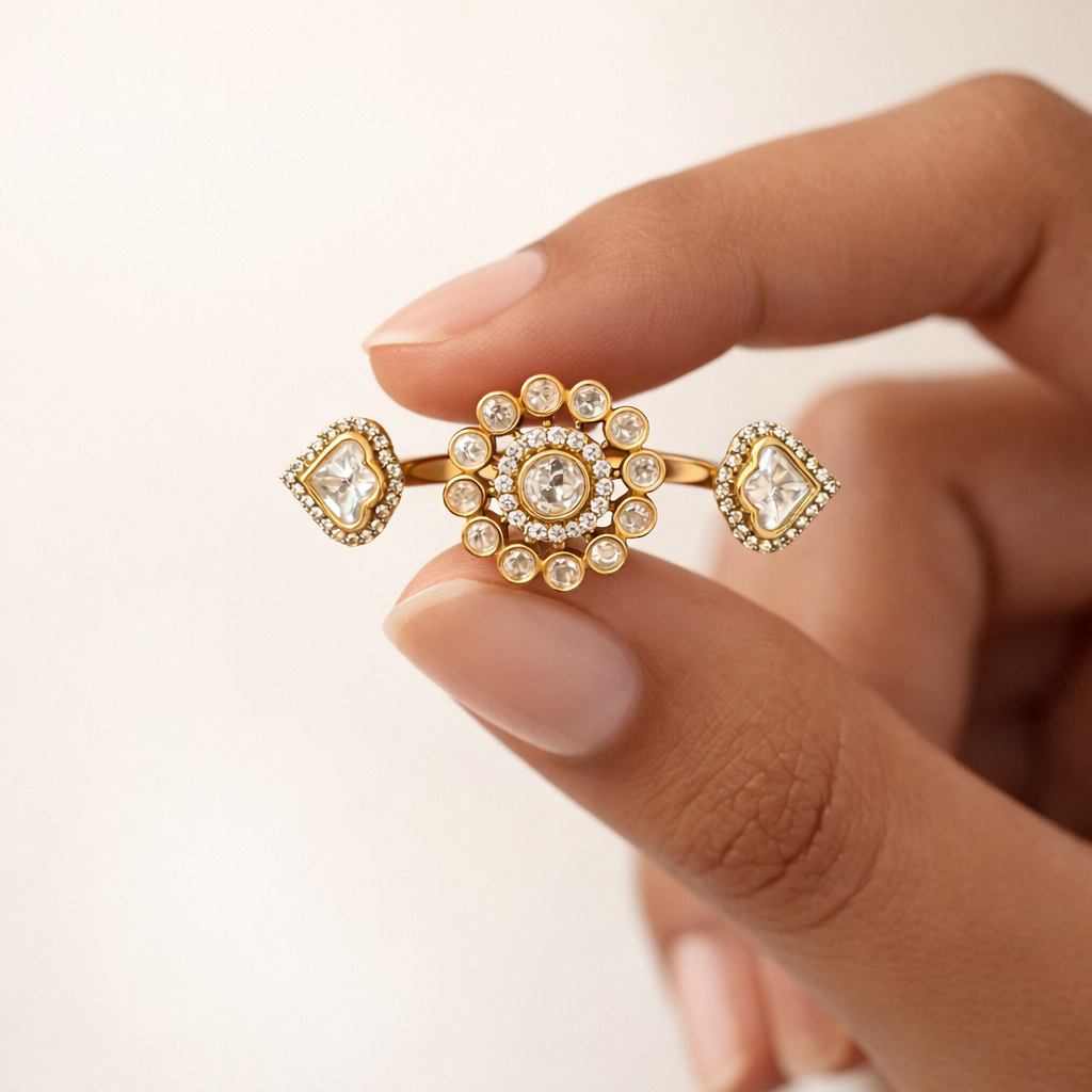 Floral Polki Statement Ring | Uncut Polki Cocktail Ring | Designer Indian Polki Ring