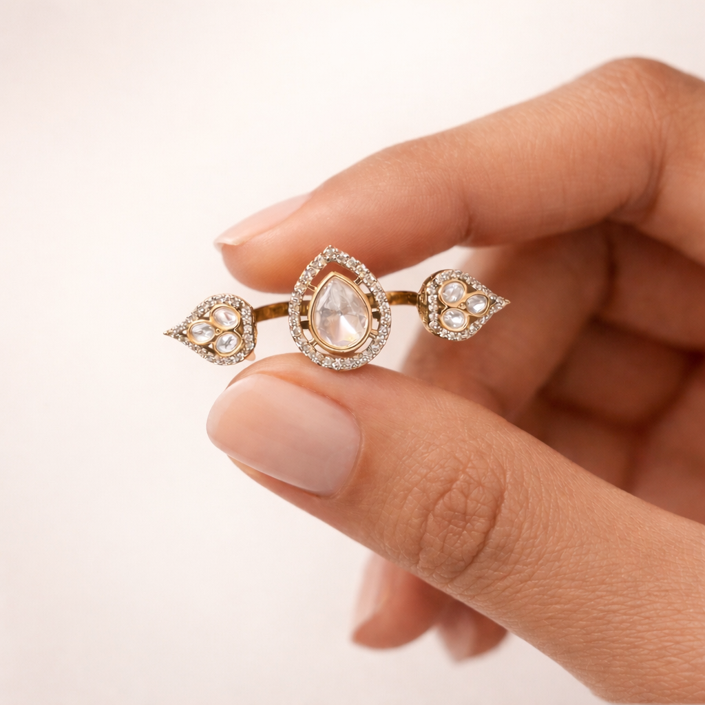 Imperial Pear Polki Statement Ring | Teardrop Polki Cocktail Ring | Designer Uncut Polki Ring