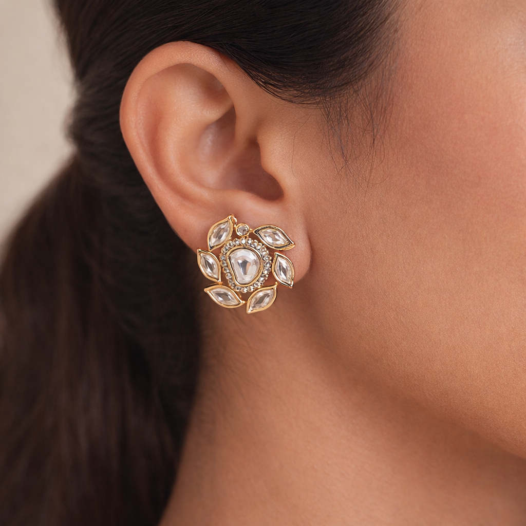 Floral Polki Stud Earrings | Elegant Gold Polki Flower Earrings for Women