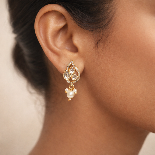 Pearl Drop Polki Earrings – Teardrop Kundan Style Pearl Studs