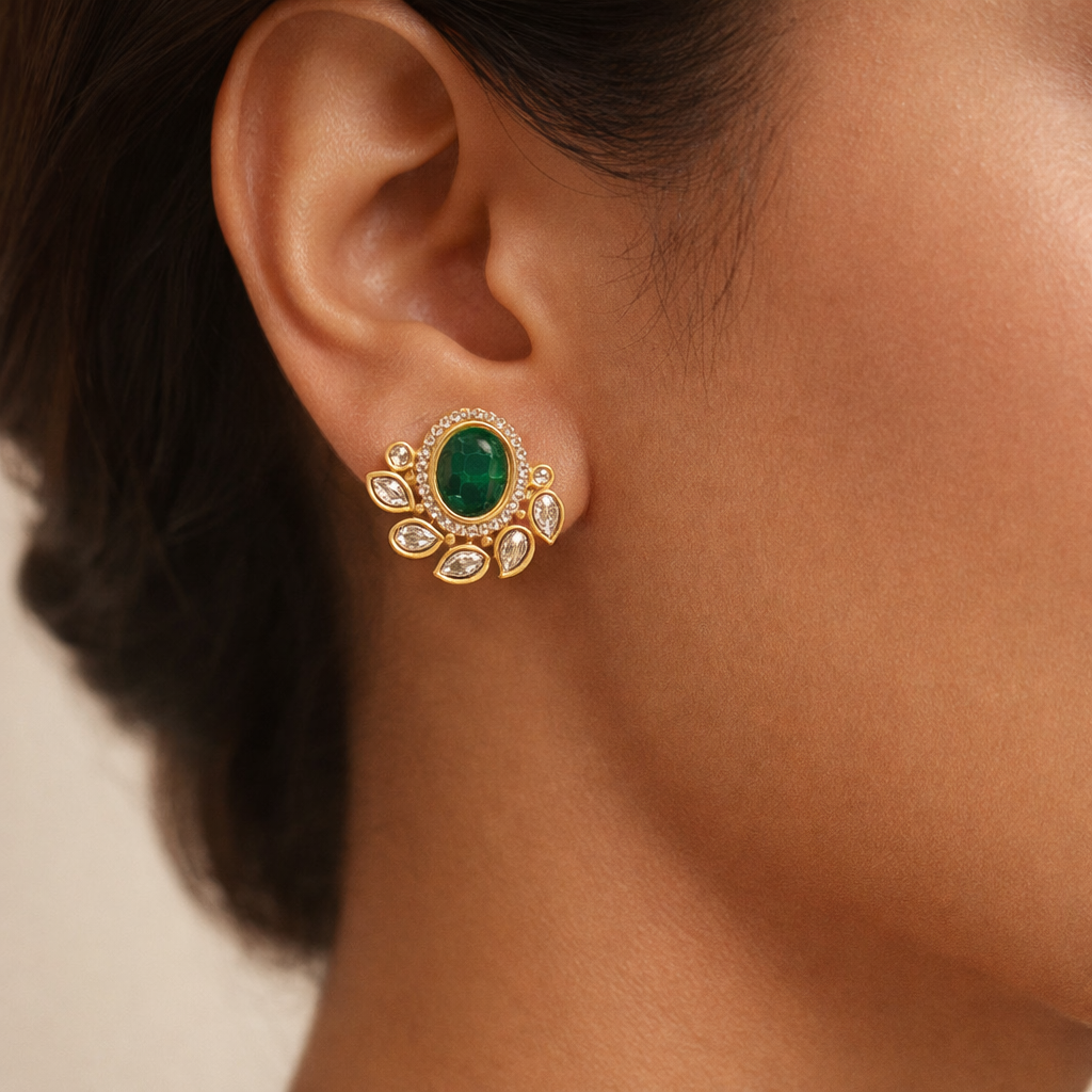 Emerald Polki Stud Earrings – Oval Kundan Style Halo Earrings