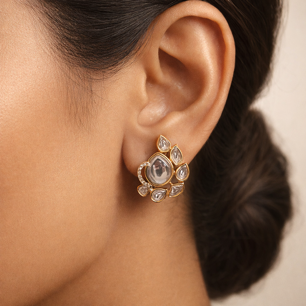 Blush Pink Polki Stud Earrings | Floral Kundan Style Statement Studs