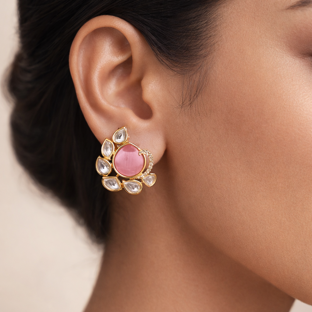 Blush Pink Polki Stud Earrings | Floral Kundan Style Statement Studs