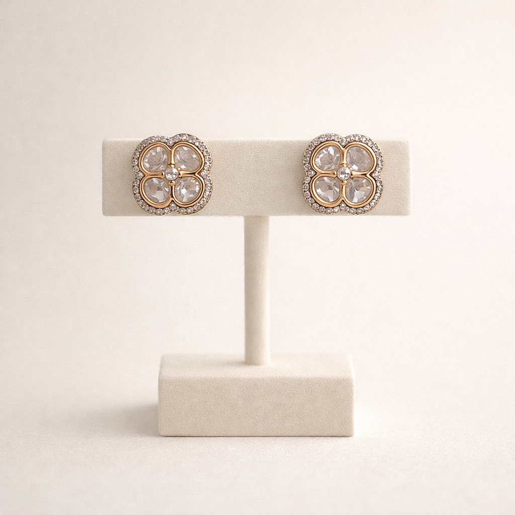 Clover Polki Stud Earrings | Gold Floral Polki Designer Studs for Women