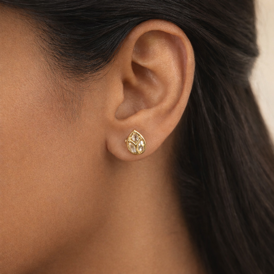 Trinity Teardrop Polki Stud Earrings | Gold Minimal Polki Designer Studs for Women