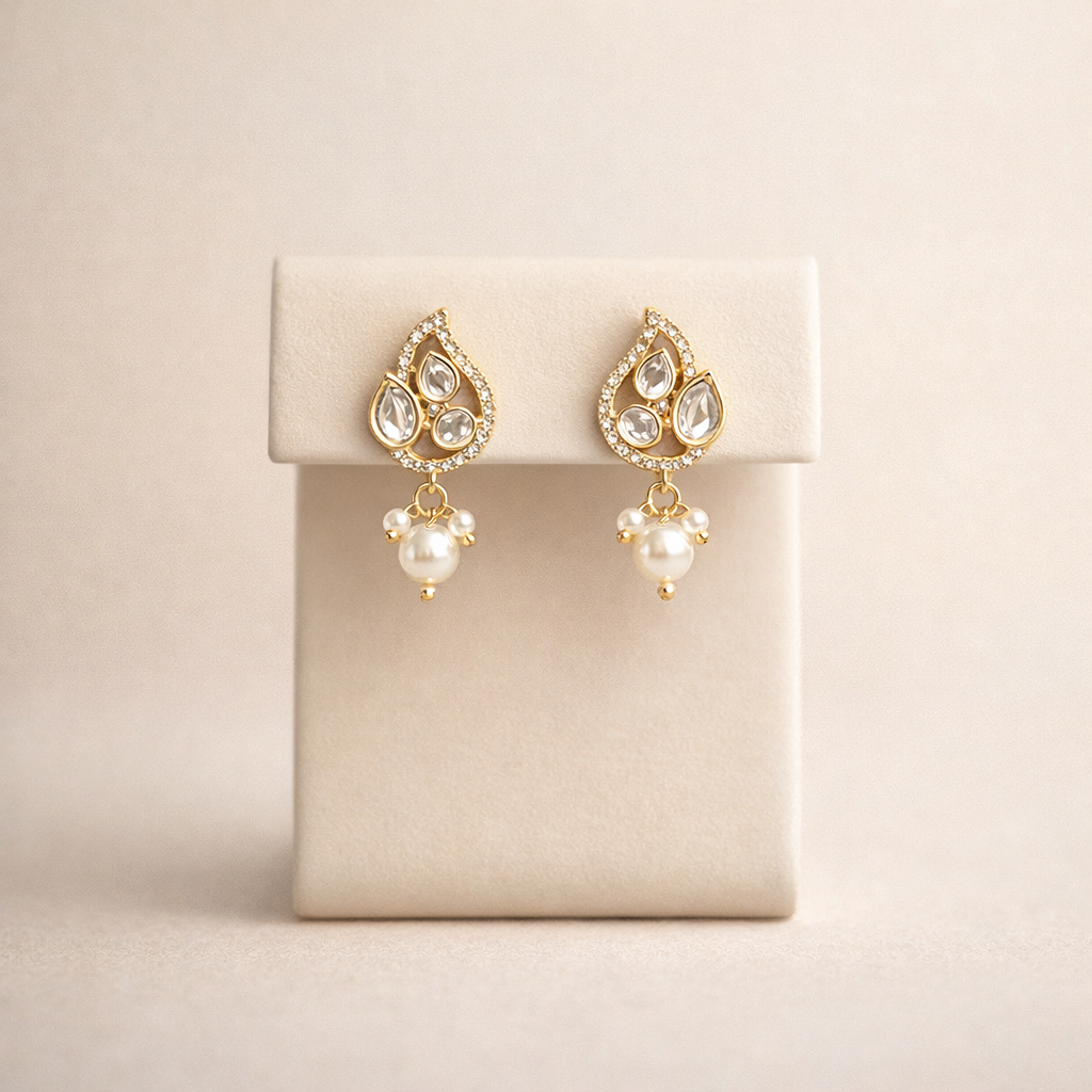 Pearl Drop Polki Earrings – Teardrop Kundan Style Pearl Studs