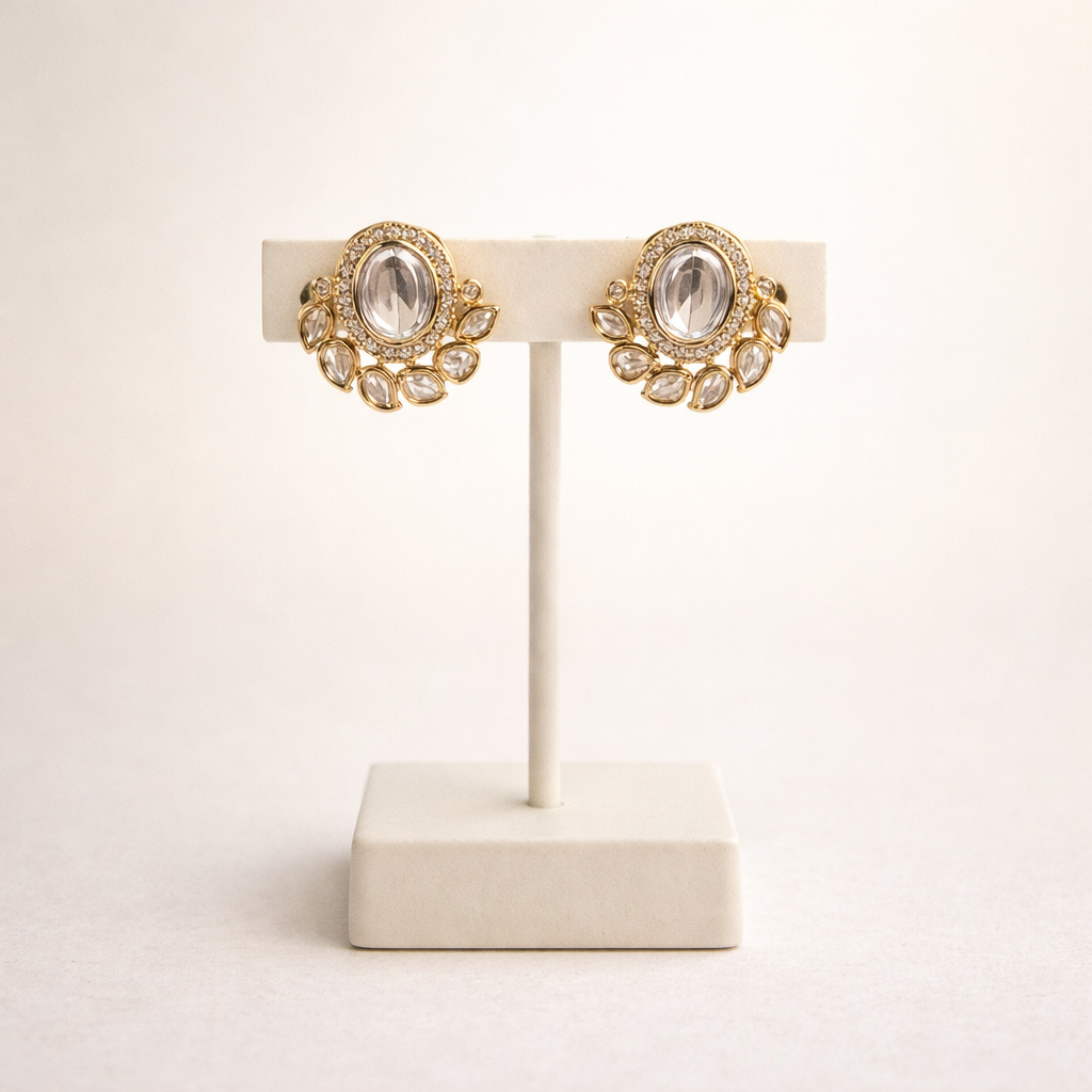 Emerald Polki Stud Earrings – Oval Kundan Style Halo Earrings