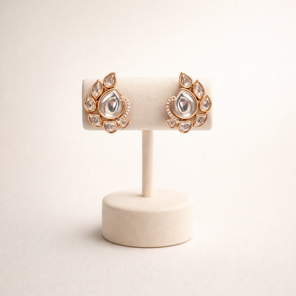 Blush Pink Polki Stud Earrings | Floral Kundan Style Statement Studs