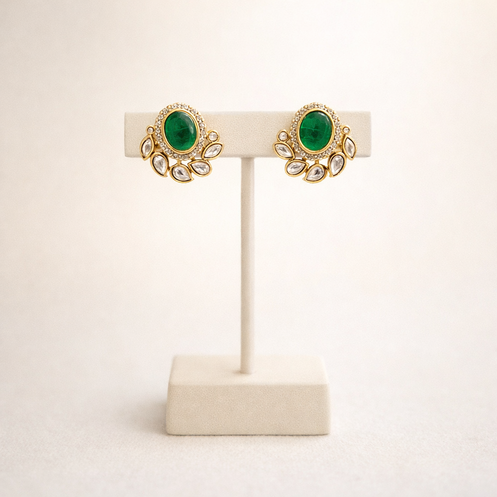 Emerald Polki Stud Earrings – Oval Kundan Style Halo Earrings