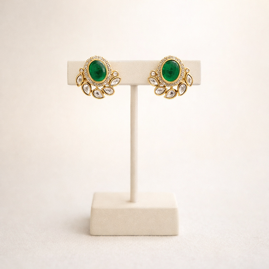 Emerald Polki Stud Earrings – Oval Kundan Style Halo Earrings