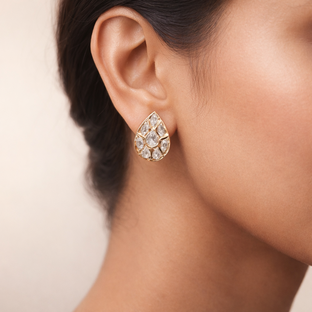 Regal Teardrop Polki Stud Earrings | Gold Polki Teardrop Designer Earrings for Women