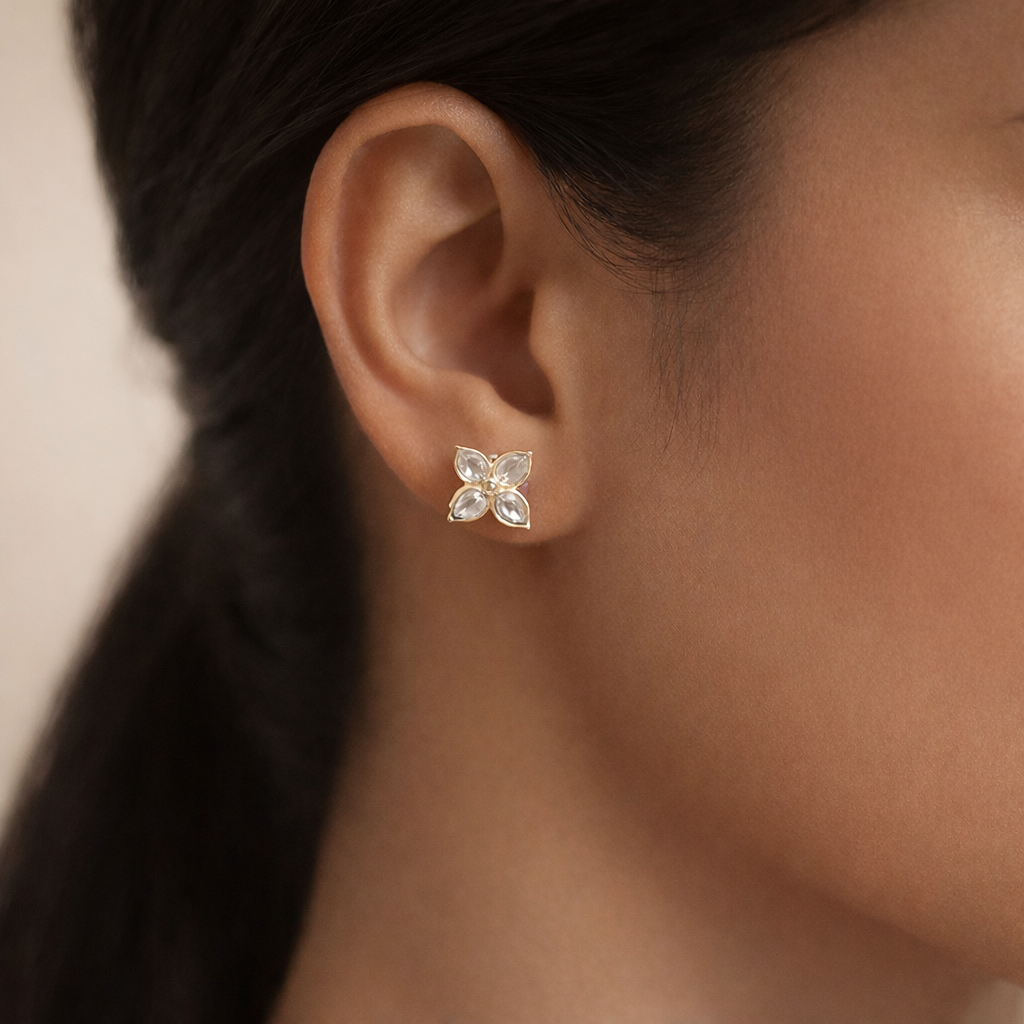 Petal Bloom Polki Stud Earrings | Gold Floral Polki Studs for Women