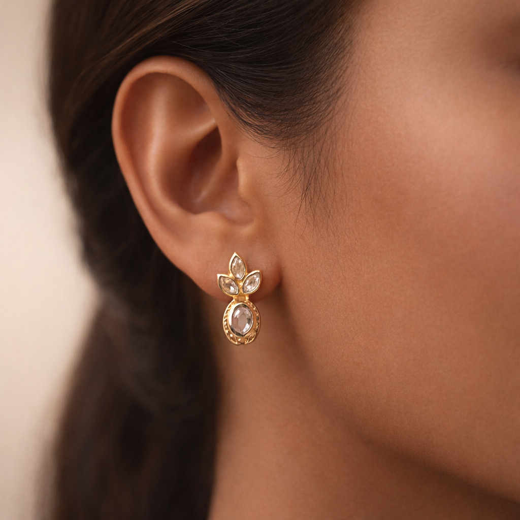 Lotus Polki Drop Earrings | Elegant Gold Polki Lotus Stud Earrings for Women