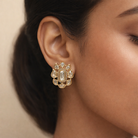 Sunflower Polki Stud Earrings | Gold Floral Polki Statement Earrings for Women