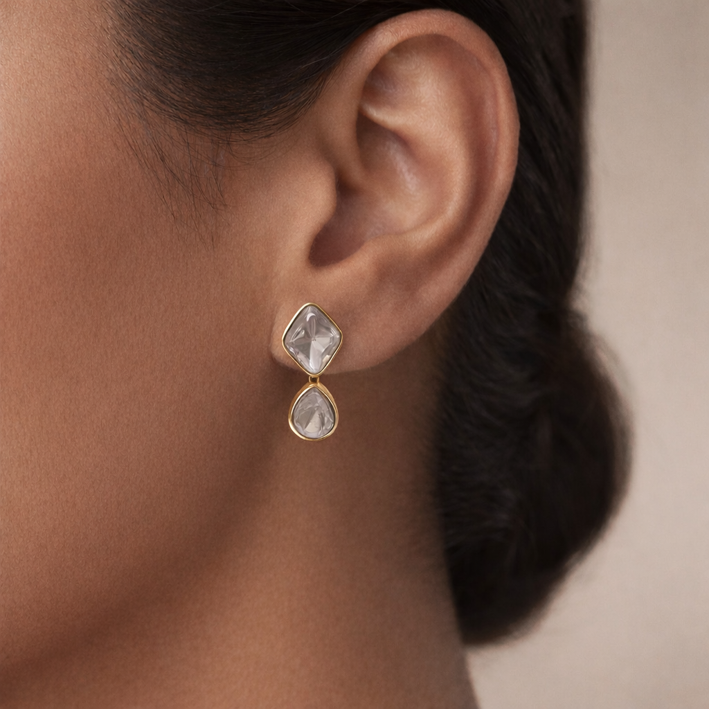 Twin Polki Drop Earrings | Elegant Gold Polki Drop Studs for Women