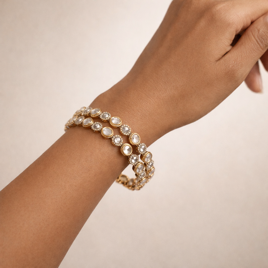 Aabroo Heritage Polki Bangles | Designer Gold Polki Statement Bangle Pair