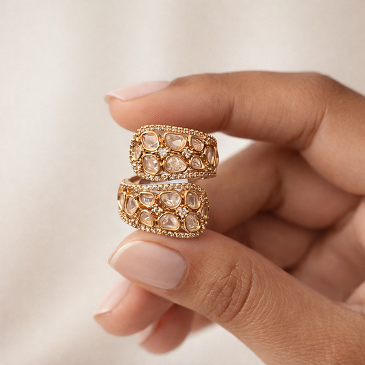 Mehraya Double Band Polki Ring | Wide Statement Polki Band Ring