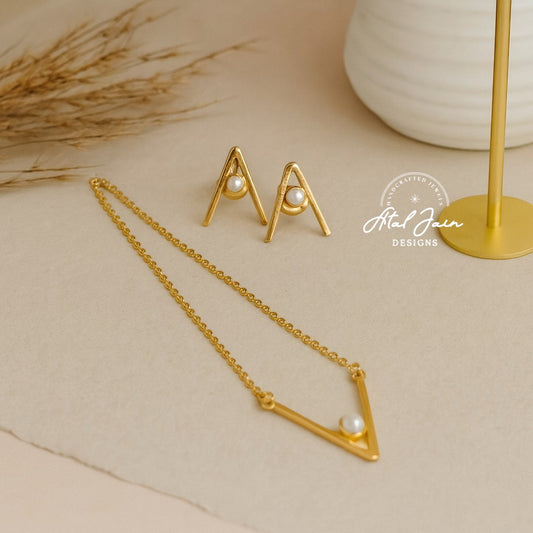 Golden Triangular Allure Pendant with Earrings